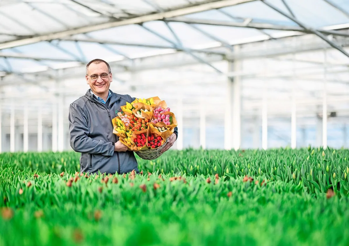 f3825fe0d7eec7a5e4cd24be33c28f6fd950b3270dba243e1adb3caccd16c24f Bruno Rutishauser inmitten eines Indoor-Tulpen-Meeres. Durch die Wochen in der Tageslichthalle werden die Blumen länger haltbar.