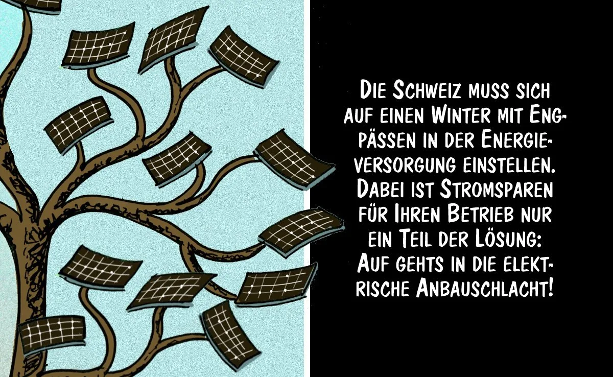 Cartoon von Marco Ratschiller/Karma zur elektrischen Anbauschlacht