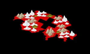 Umriss der Schweiz mit Schweizer Kreuz und stilisierten Bergen.