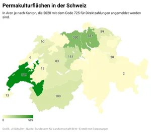 2020 gab es nach Zahlen des BLW am meisten angemeldete Permakulturfläche im Kanton Waadt, gefolgt von Zürich, Aargau und Luzern.