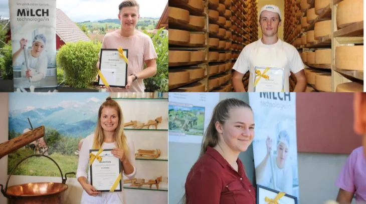 3a151174e240a10e53b1f7a2f1f271d91e16c797 Yanik Hofer, Théo Piller, Irina Perreten und Julia Tschumper schlossen mit die Lehre mit 5.8 ab. (Bild SMV)