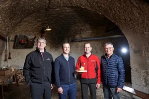 Jacques Gygax, Präsident der Interprofession Tête de Moine, Menno Amstutz, Fromagerie Amstutz SA, Olivier Isler, Geschäftsführer der Interprofession Tête de Moine und Gabriel Juillerat, Promotion Bellelay SA (v.l.n.r.). (Bild Tête de Moine)