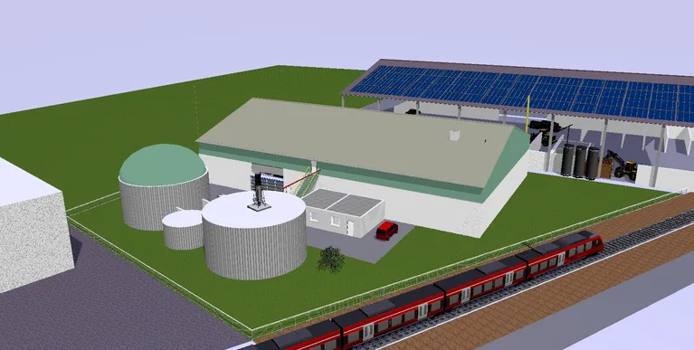 c5e73c3862a38dd5f917dae726319171d8043d97 Die Anlage soll aus Grüngut Biomasse erzeugen. (Visualisierung: Renergon)