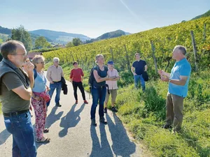 Landwirt Stefan Käser (rechts) orientierte Vertreter(innen) der Umweltverbände über das herausfordernde Rebjahr.