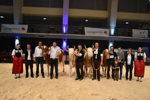Die Siegertiere der Rassen Simmental und Swiss Fleckvieh (v. l. n. r.). Starkuh: Orlando Nikita von Urs Flückiger und Werner Sommer, Auswil; Emmentaler Starzüchter SI/SF Hans Gerber, Schwand, Schangnau und die Schöneutersiegerin Nevio Pergola von Hans und Res Staub, Eriswil.