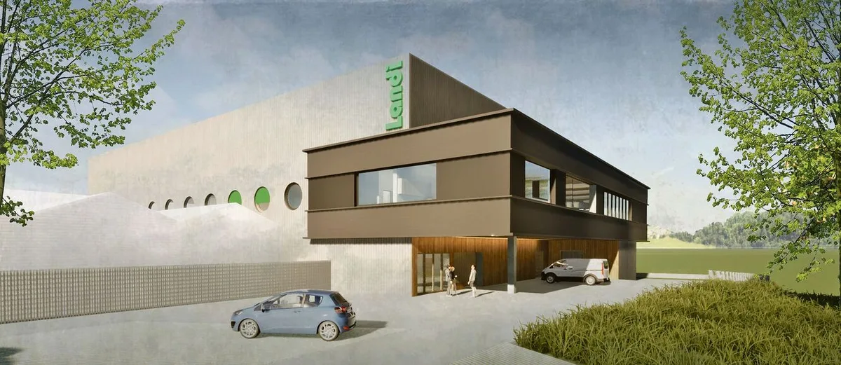 Visualisierung des neuen vierstöckigen Hauptsitzes der Landi Sursee im Schellenrain, gebaut wird unmittelbar neben dem Landi-Markt Oberkirch.