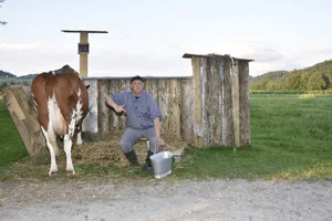 Johann Ulrich Liechti in der Rolle des Bauern Klemens Thalmann. Auf einer Wiese beim Hof hat der Landwirt zwei Freiluft-Bühnenbilder aufgebaut. Das eine zeigt einen Stall (Bild: Cornelia von Däniken)