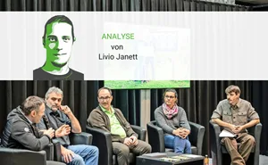 Urs Schneider, Hanspeter Brunner, Fritz und Nicole Reusser diskutieren gemeinsam mit Moderator Livio Janett (v.l.n.r.).