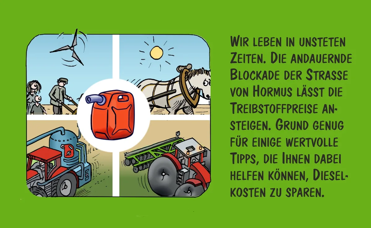 Cartoon von Marco Ratschiller/Karma: Unkonventionelle Ideen, um Diesel zu sparen