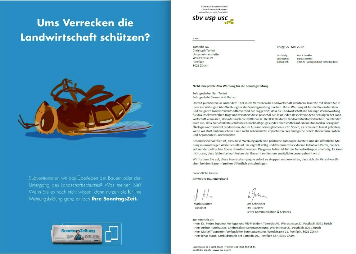 709672672d3e43f06bec8ac8b0443992f5304303 Das Inseratesujet der Tamedia und das Protestschreiben des SBV. (Bildmontage sbu)