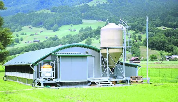 f3d5d9e16cd8bb3c9bc9550b63cec244e541f35a Dieser mobile Hühnerstall mitsamt der Infrastruktur steht auf Kufen und kann nach einem Umschlag mit dem Traktor verschoben werden.