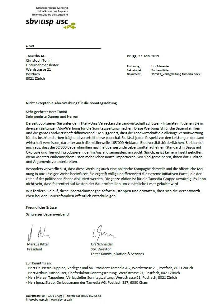 40752628c3a3d58d31cb763964c9dd157b9c8fae Der Protestbrief des SBV an die Tamedia. (Bild pd)