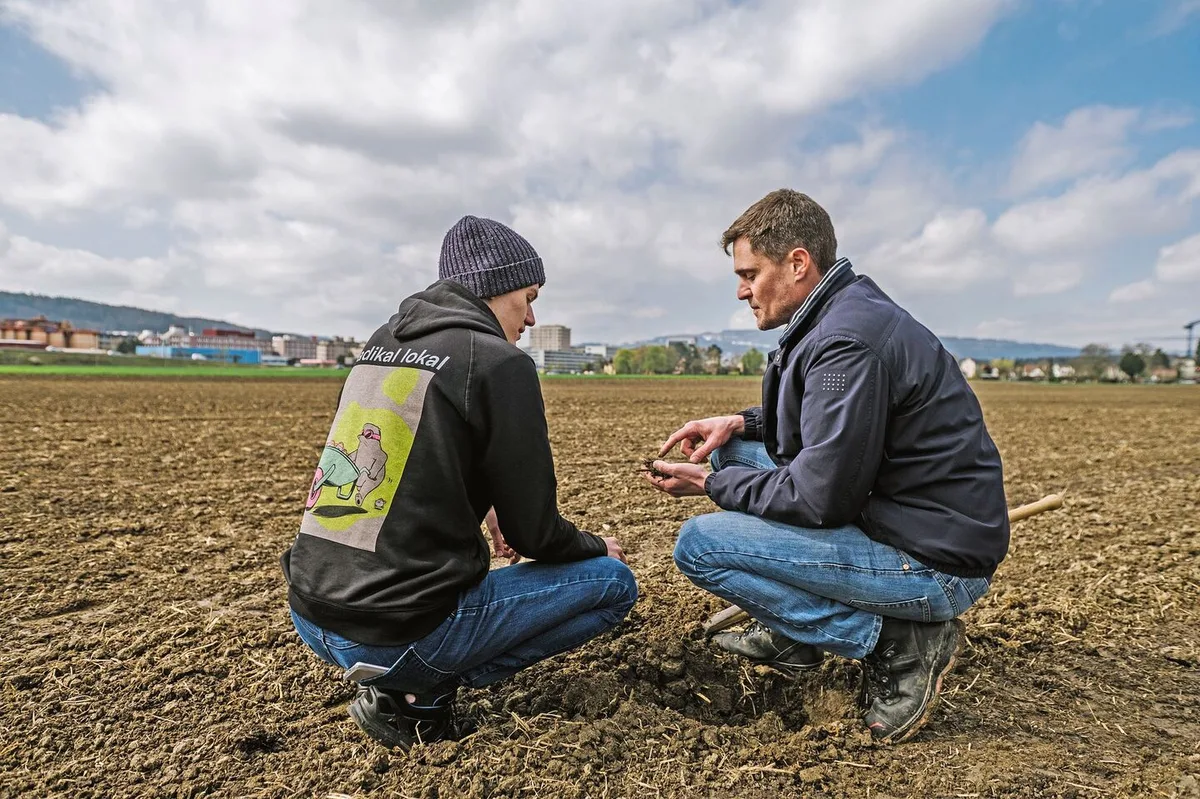 Tobias Vogel (links) und Landwirt Andreas Siegrist auf dem Kichererbsenfeldin Zürich Altstetten.