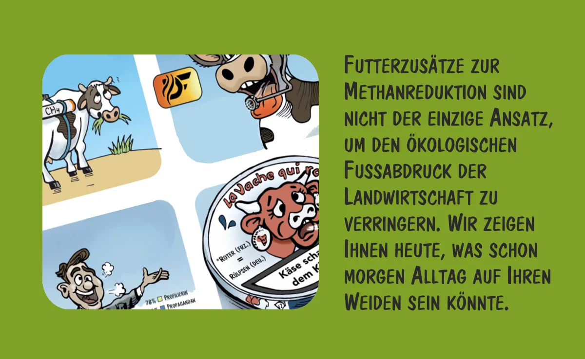 00_April Cartoon von Marco Ratschiller/Karma: Mit Futterzusätzen den ökologischen Fussabdruck verringern