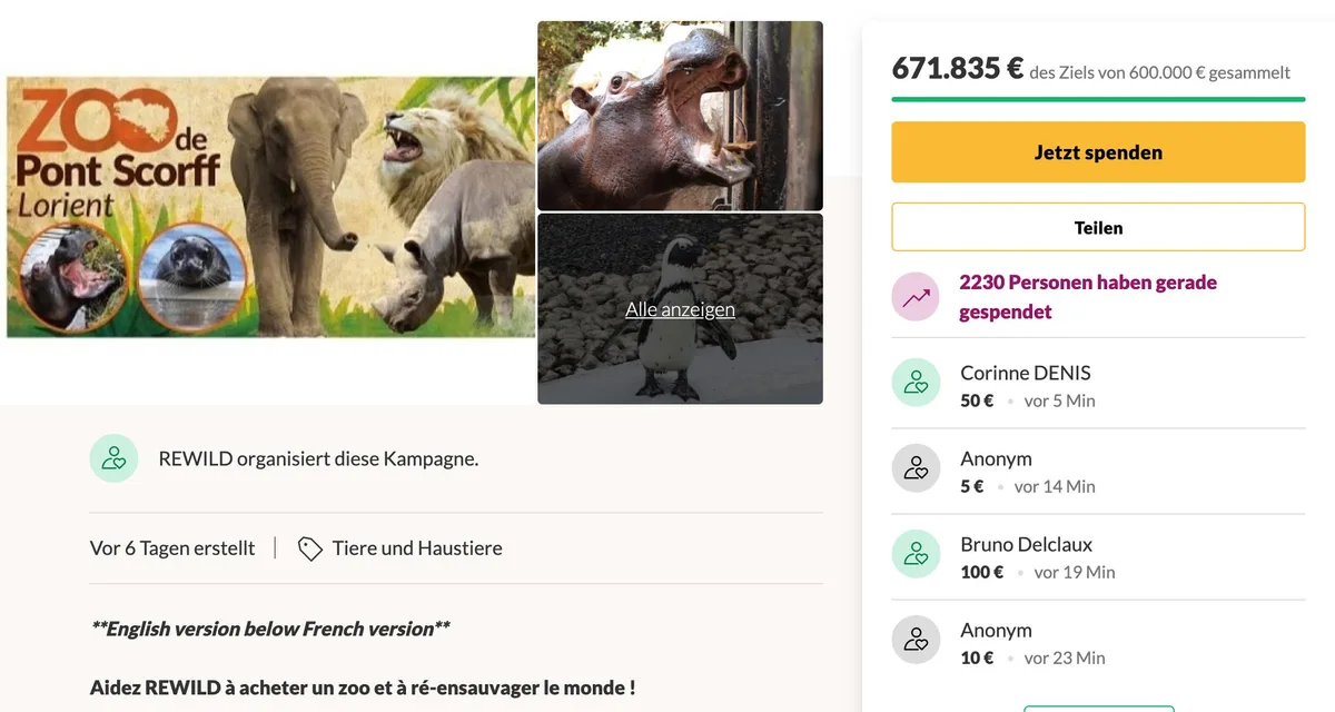 241b9b703e923e366958f663ba11d87f3cc6c01d Die Kampagne sammelte über 650'000 Euro zur Rettung der Zootiere. (Bild Gofundme)