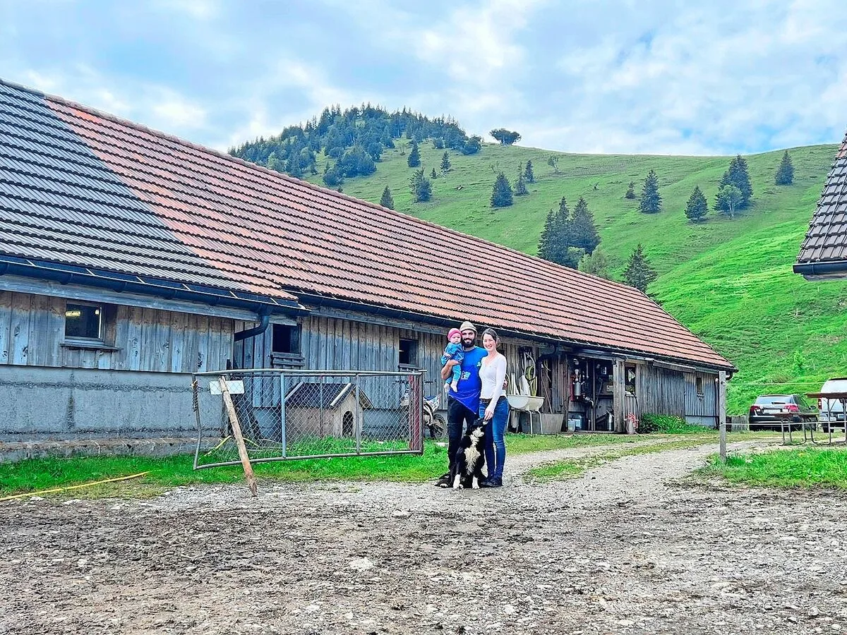 e37e4d82d14d54c5ccdef3a07a3438c47a0053fffbb61d84862c35921b02b14d Die Familie Fieg verbringt diesen Sommer mit 54 Melkkühen, 24 Schweinen, 5 Hühnern, einem Hund und einer Katze auf der Alp.