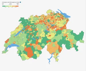 Diese Karte zeigt die Stromtarife für 2024 für grosse Haushalte mit rund 25'000 kWh Stromverbrauch pro Jahr. Man vergleicht die Preise jeweils mit dem Vorjahr und dem schweizweiten Mittelwert.