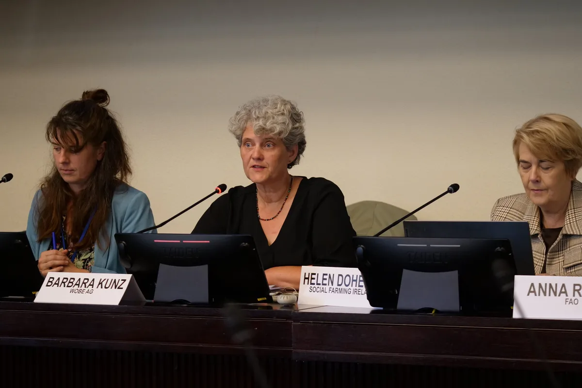 Barbara Kunz Die Bäuerin Barbara Kunz betonte im Palais des Nations in Genf, wie wichtig die Arbeit von Bäuerinnen ist.