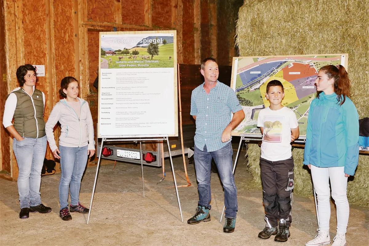 f836aa6092136135ed7c05dc59dee8b3f168eddd Isabelle und Marcel Odermatt mit ihren Kindern Elena, Debora und Mario waren die Gastgeber der ersten Hofgespräche im Kanton Nidwalden. (Bild Reto Betschart)