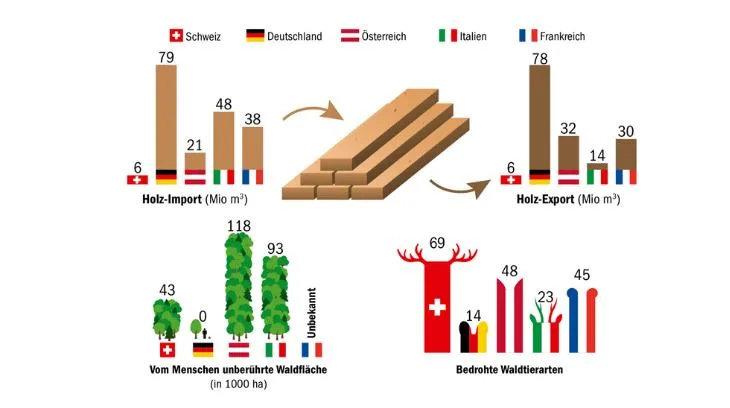 b9d39d4d0da0bc1f3fb72a0f14b6246b99fb7951 Bei der Anzahl bedrohter Tierarten im Wald ist die Schweiz im europäischen Vergleich traurige Spitzenreiterin. (Grafik mi / Quelle Europe Forest Report 2020)