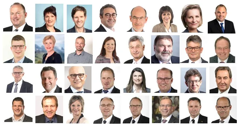 fd7ba4b6c4fdcc1865f1b5e0caa23b4a05e23789 26 bäuerliche National- und sechs Ständeräte (rechts unten) bevölkern das Parlament ab 2019. (Fotomontage BauZ)
