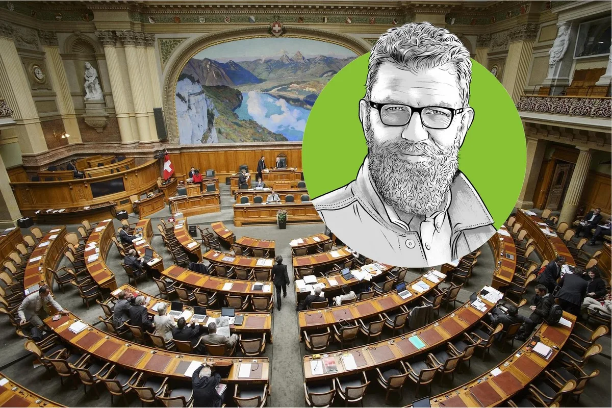 Bildmontage vom Nationalratssaal und dem Porträt von Jürg Vollmer.