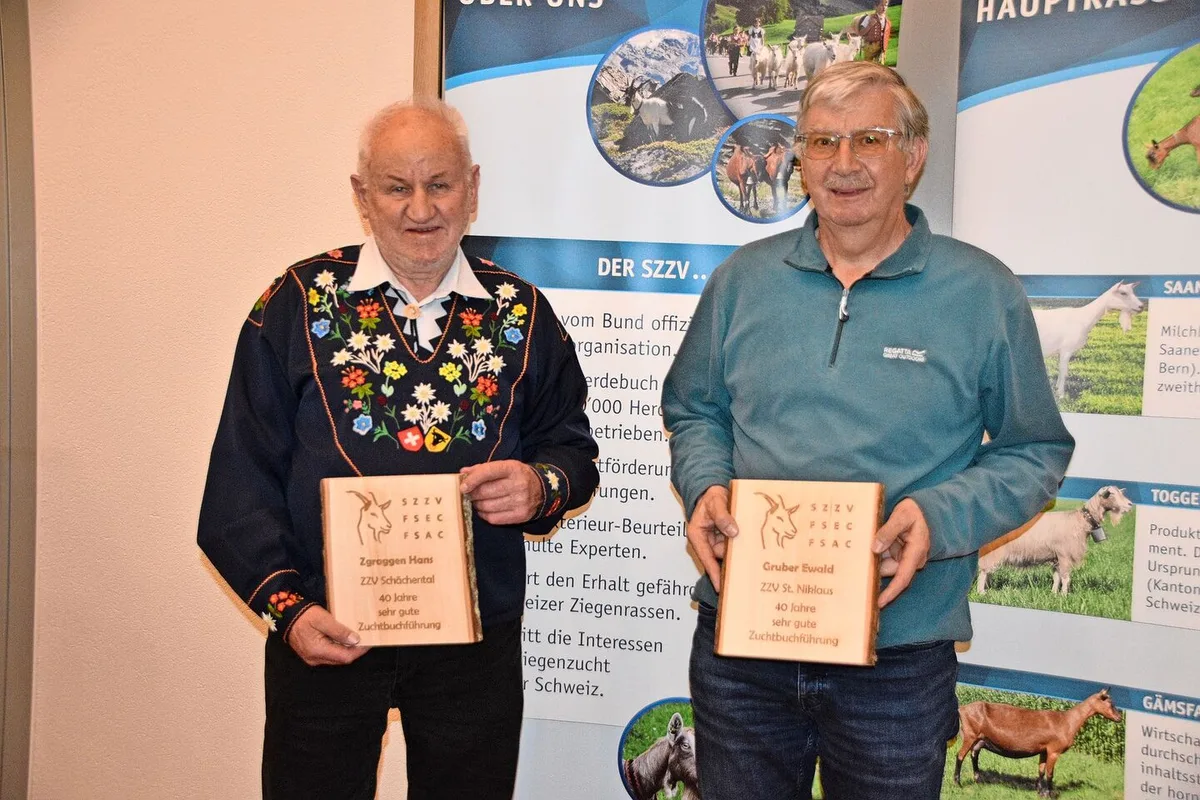 40 Jahre lang als Zuchtbuchführer im Einsatz: Hans Zgraggen (l.) aus Haldi b. Schattdorf UR und Ewald Gruber aus St. Niklaus VS.