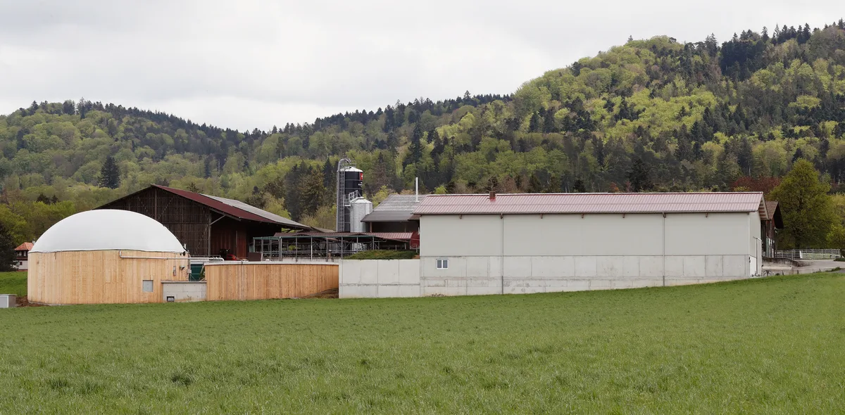 02ec9203e0035025a52122d7bbdf1dd3ff553a7e Seit März 2019 vergären Biglers in Moosseedorf ihre Gülle in der Biogas-Anlage.Der Gülle-Separator befindet sich in der neuen Halle, rechts im Bild.