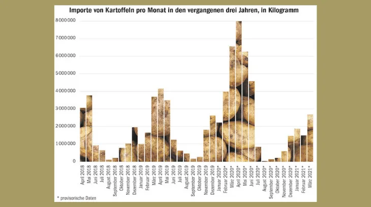 71f4b9b36dad5f6eb7bf595ffafaa9d0afacd784 Jedes Jahr werden zwischen Januar und Mai Speisekartoffeln importiert. In den letzten Jahren waren dies zwischen 8000 und 15 000 Tonnen pro Jahr. (Grafik BauZ/Quelle EZV)