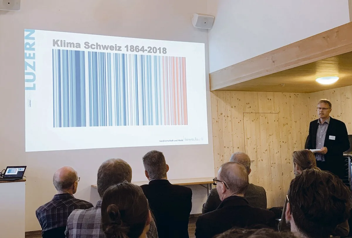 cd7e489932782160a885e8adea0fb85c89a188e7 Das Klima verändert sich. Die Jahre werden immer wärmer. Das spürt auch der Wald. Darüber informierte Bruno Röösli, Abteilungsleiter Wald, am Treffen der Luzerner Holzakteure. (Bild js)