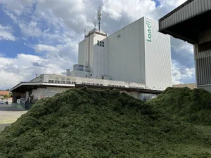 Vor der Trocknungsanlage liegen heute schon wieder grosse Grashaufen bereit. Der unverwechselbar feine Geruch nach Trockengras zeigt, dass die Anlage läuft.