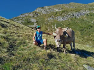 Junglandwirt Matteo Ambrosini und seine Lieblingskuh Gioa auf der Alpe Porcaresc im Valle Onsernone im Tessin.