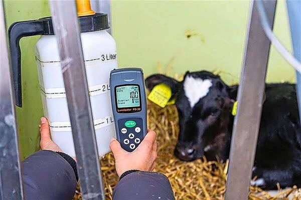 Die Strickhof-Kälberflasche hat den Hygienetest mit dem Lumitester bestanden. Ergebnis: 100 RLU (gut = < 300 RLU).