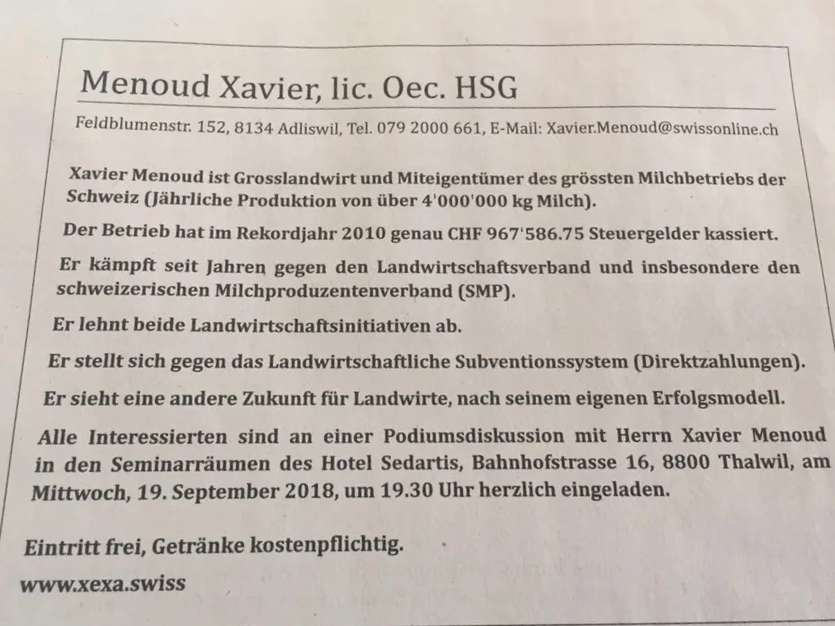 0b81435fa7fd98a5c37d19ef3a09e9d9a617d4ca Das Inserat von Xavier Menoud in der letzten Ausgabe der "NZZ am Sonntag". (Bild bk)