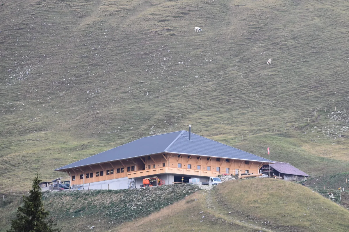 DSC_0010.JPG Die neue Alphütte Bire im Gantrisch-Gebiet passt sich gut ins Gelände ein. Alle freuen sich auf den Tag der offenen Tür am 29. und 30. August.