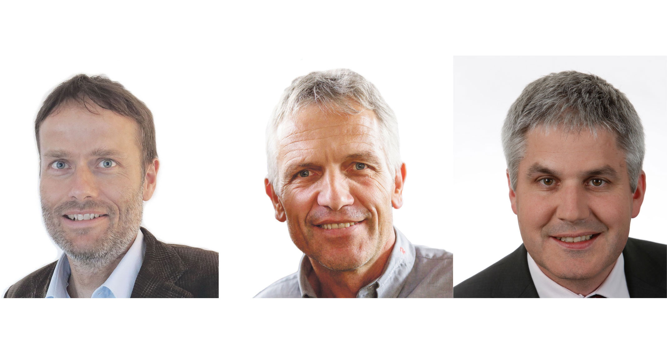 Die drei verbleibenden Kandidaten auf der Shortlist: Adrian Aebi, Stefan Felder und Christian Hofer. (Bilder zvg, Montage sbu)