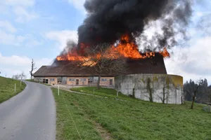 Bauernhöfe brennen aufgrund ihres grossen Bauvolumens und den gelagerten Materialien oft bis auf die Grundmauern nieder. Das Bild zeigt einen Scheunenbrand in Ruswil.