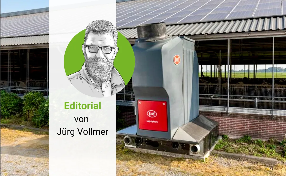 editorial-klimakiller-rinder Gezeichnetes Porträt von Jürg Vollmer vor einem Lely Sphere-System.Jürg Vollmer