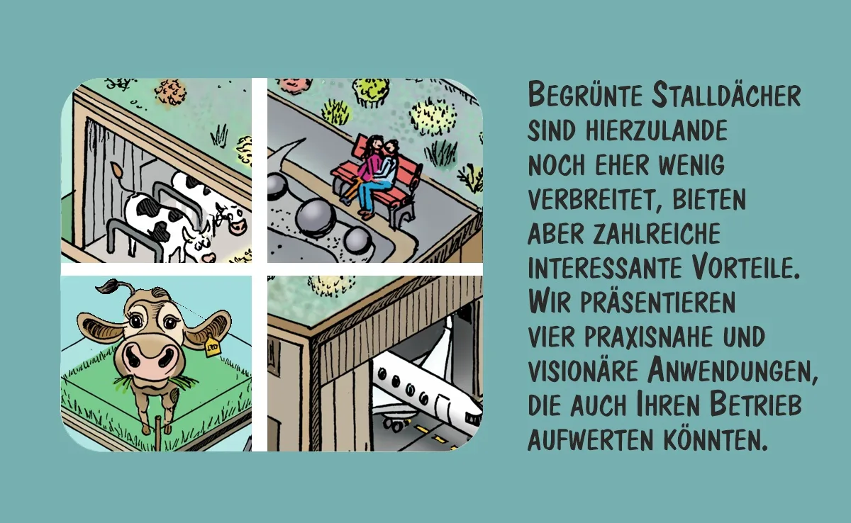 Cartoon von Marco Ratschiller/Karma: Vier Vorschläge für begrünte Stalldächer