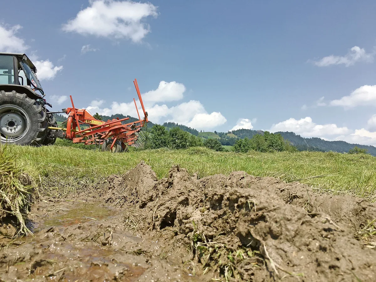 b38122681b8033d8093065f80ef426b0496b4724 Der Dauerregen war für diese Drainage zu viel des Guten. Futterbaulehrer empfehlen, die Flächen nach Nässeperioden abzuräumen, zum Wohle von Grasnarbe und Boden. (Bild aem)