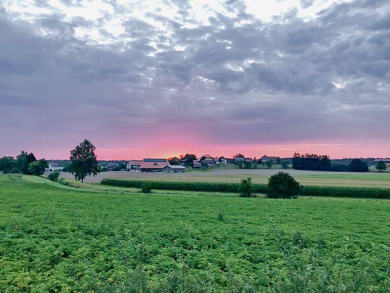 Diese schöne morgendliche Stimmung verheisst einen Tag mit schwülem Wetter. Die Wolken verdeutlichen es: Feuchtigkeit ist in der Luft vorhanden. Die aufgehende Sonne wird die nötige Wärme liefern.
