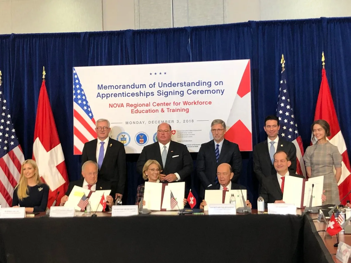 2d238f5ee413597a691c20b53e7d72f073f46c98 Ivanka Trump, Johann Schneider-Ammann, Betsy DeVos, Wilbur Ross und Alexander Acosta unterzeichneten das MoU. (Twitter @_BR_JSA)