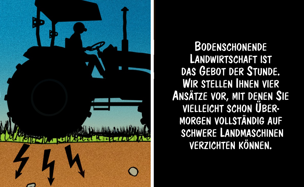 Cartoon von Marco Ratschiller/Karma: Ideen zur Bodenschonung