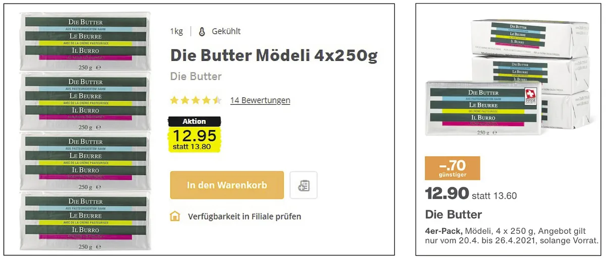 bf8d4173e1c07fc6bf592e821c3ff595bccd0fa5 Purer Zufall? Nur eine Woche nach der Aktion von Migros (rechts) präsentierte auch Coop ein Sonderangebot für vier Mödeli «Die Butter». Einziger Unterschied: 5 Rp. Preisdifferenz. (Bild Screenshots)