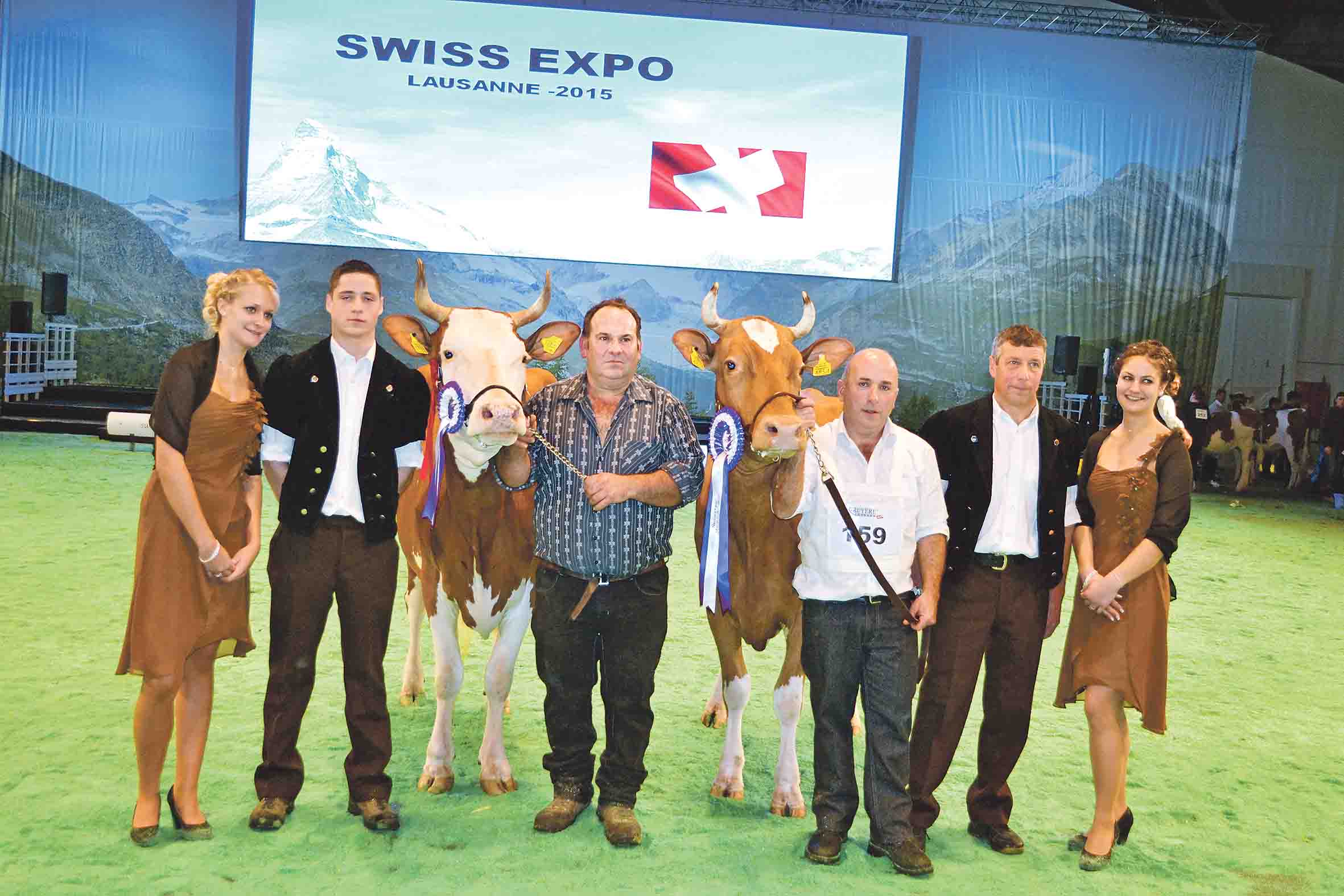 Die letztjährige Champion-Wahl der Swiss-Fleckvieh-Kühe an der Swiss Expo: Incas Roxane (rechts) von Christian Delabays wurde Siegerkuh. Reserve wurde Incas Anemone von Michel Rey. (Bild Peter Fankhauser)