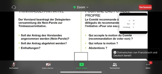 ad6c1c29469bc34998e0e4a92ad8c2054addc82d 47 Nein zu 40 Ja: Die Bio-Suisse-Delegierten beschliessen am Mittwochvormittag via Zoom-Meeting, dass sie die Nein-Parole des Vorstands zur TWI nicht unterstützen. (Bild Screenshot)