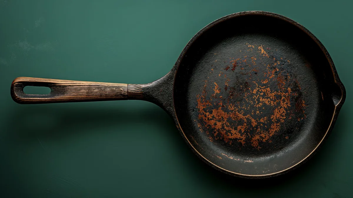 A well-used cast iron skillet with a patina of age and countless meals, telling a story of culinary history.