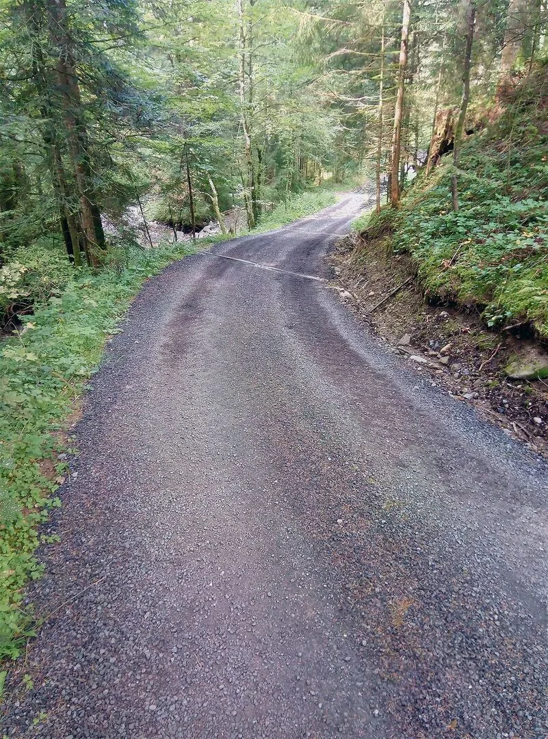 d624bbcf9d43c6c5f5f74f917fe10dd29f745de7243149d51b464d785d9277d8 So nicht: Auf dieser Waldstrasse wurde mit Fräsasphalt aufgeschottert, das war schon früher illegal.