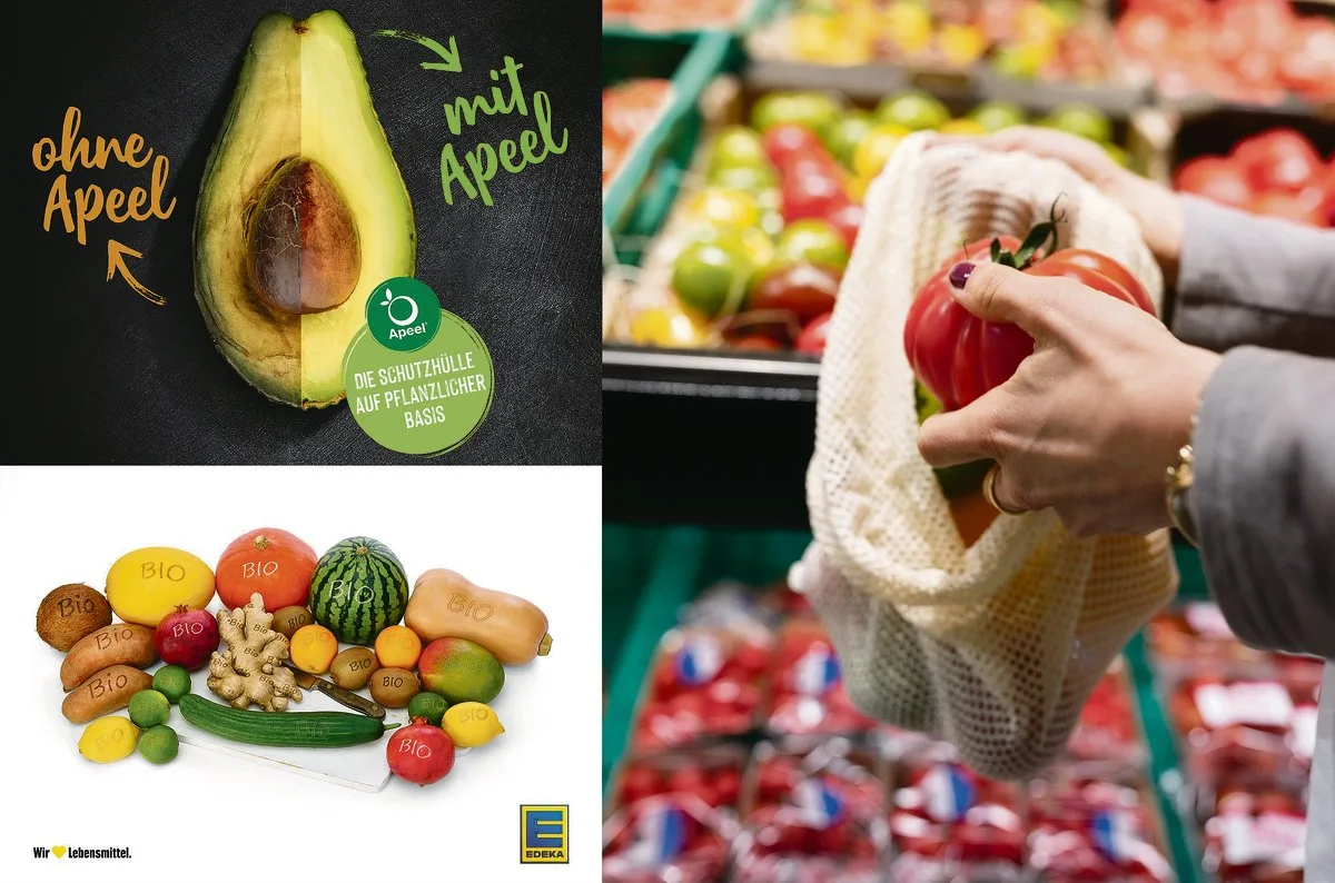 5b18c488da94e8e5d785ec33d26a3b389f739d5c Plastik-Alternativen: Eine natürliche Zusatzschicht um Avocados namens «Apeel», Mehrweg-Netze oder ein Laser-Tattoo auf Früchten und Gemüse (Smart Branding). (Bilder Edeka/Keystone)