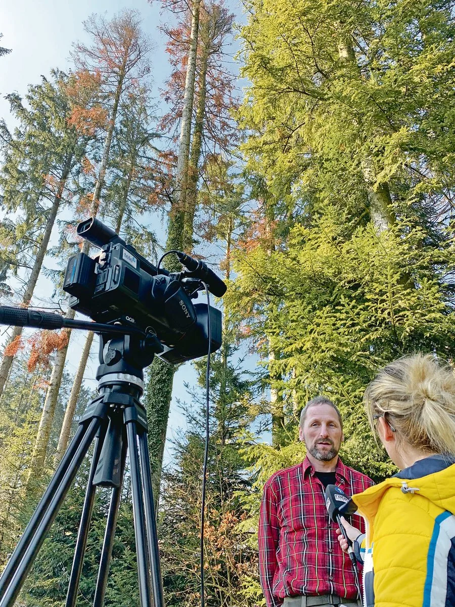 d079e8bbe31c6c63fa4ec379a03da6782bc0bad3 Ruedi Gerber, Präsident Wald Luzern, im Interview mit Tele 1 im Herzigwald bei Rain. Er weist auf die zu erwartenden grossen Schäden durch Borkenkäfer hin und erwartet Massnahmen von der Politik. (Bild Josef Scherer)